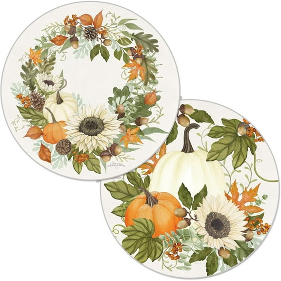 Wipe-Clean Reversible Round Shaped Placemats, Farmhouse Fall, Set of 2, Made in The USA