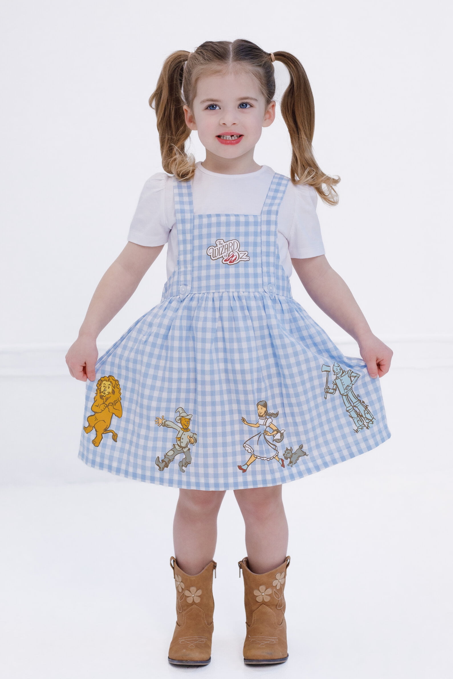 Wizard of Oz Cowardly Lion Dorothy Scarecrow Square Neck Matching Family Dress and T-Shirt Outfit Set Gingham Toddler to Little Kid