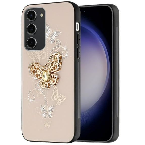 For Samsung Galaxy A25 5G Diamonds 3D Bling Sparkly Glitter Ornaments Engraving Hybrid Metal Fashion Cover ,Xpm Phone Case [ Gold Garden Butterflies ]