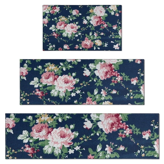 Pioneer Flower Floral Print Pattern Kitchen Rugs Sets Of 3,Kitchen Runner Rugs Non Skid Washable,Decorative Kitchen Floor Mats for Kitchen,Sink,Laundry,17"x30" 17"x47" 17"x59"