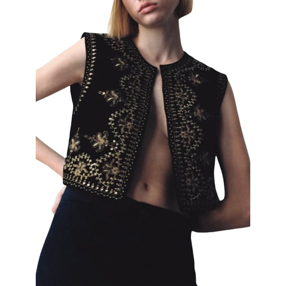 LMLYSoH Women Vest, Sleeveless Open Front Embroidery Flower Sequined Outwear Gilet for Casual Street