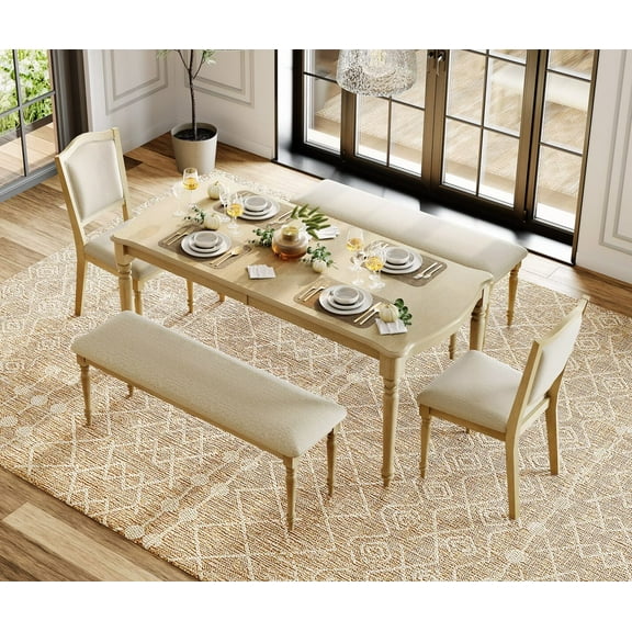 5 Piece Dining Table Set for 6-8 People - Includes One Dining Table, 2 Upholstered Benches and 2 Wood Dining Chairs, Rustic Dining Set for Kitchen, Oak