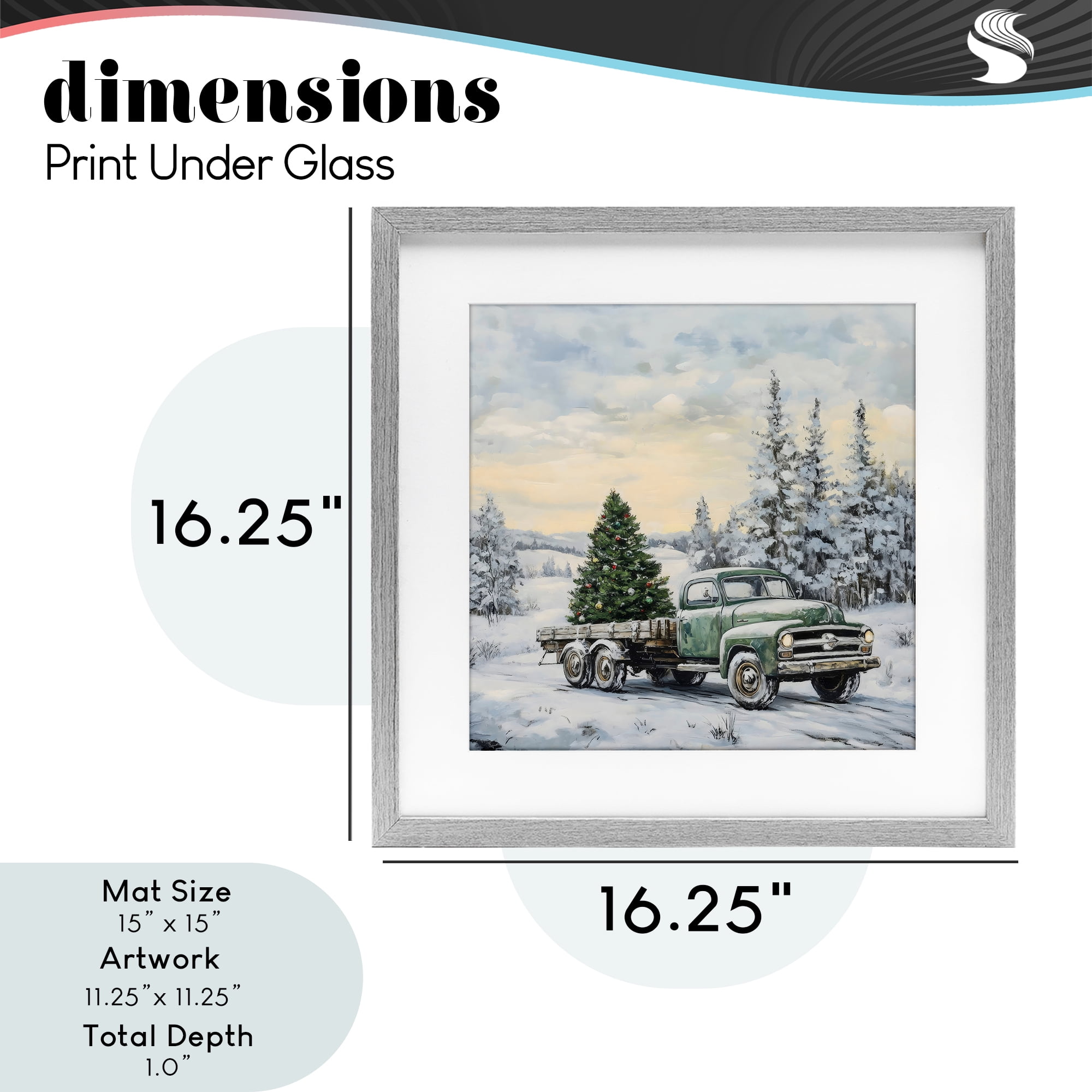 Green Christmas Tree Truck Gray Framed Print Under Glass, design by Petal Prints Design