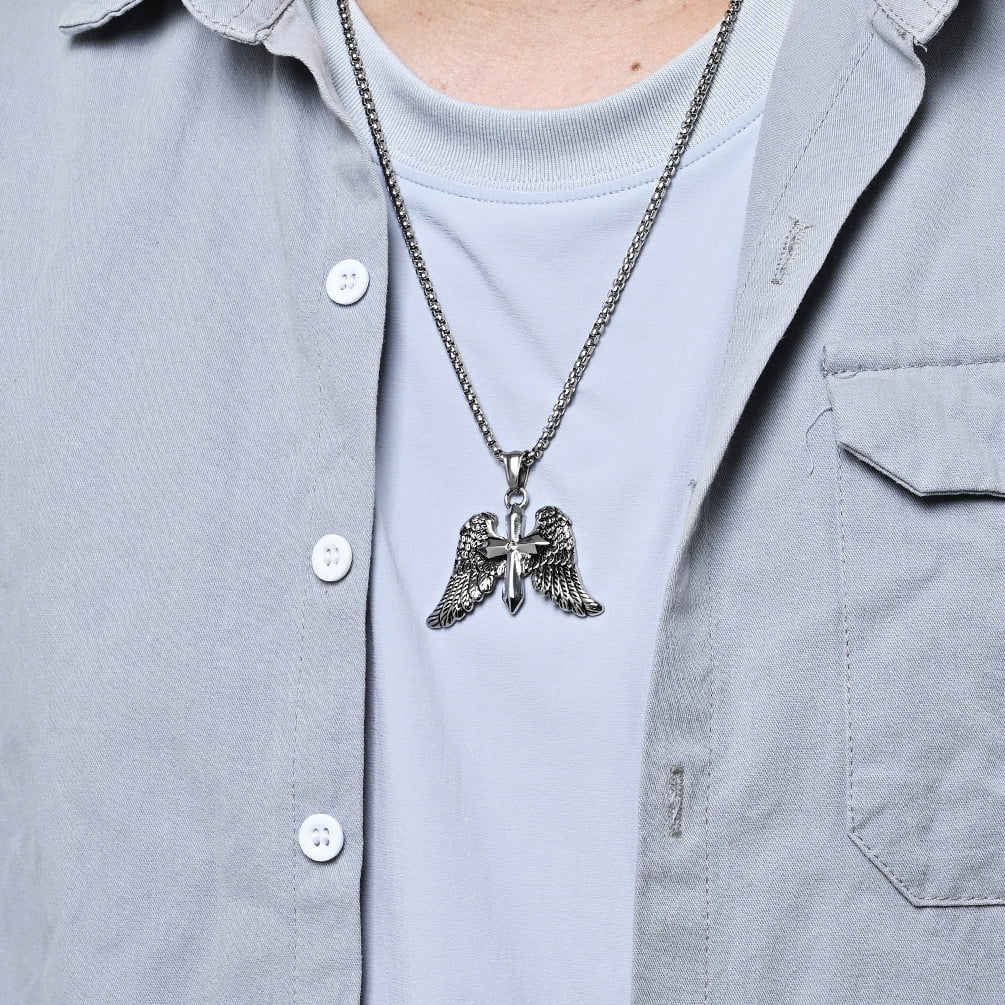 Angel Wing Cross Necklace, Vintage Cross Pendant, Christian Jewelry, Men's Gift, 23.62-inch