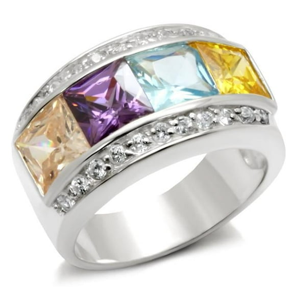 High-Polished 925 Sterling Silver Ring with AAA Grade CZ, Multi Color - Size 10