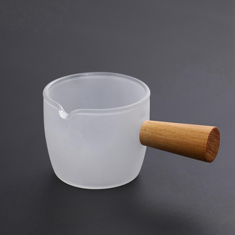 Mini Espresso Coffee Cup with Wood Handle Heat Resistant Glass Milk Cup Tea Jug Multi-Functional Sauce Plate Butter Dish Milk Syrup Pan for Home Restaurant Small 