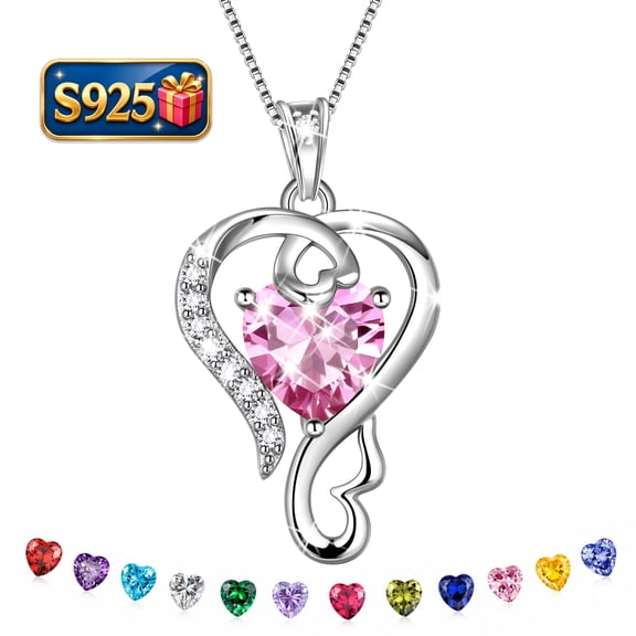 Beautlace 925 Sterling Silver Heart Necklace for Women,Love Heart October Pink Tourmaline Birthstone Pendant Jewelry Gift for Mom Wife Girlfriend, Anniversary Birthday Christmas Mother's Day Gift
