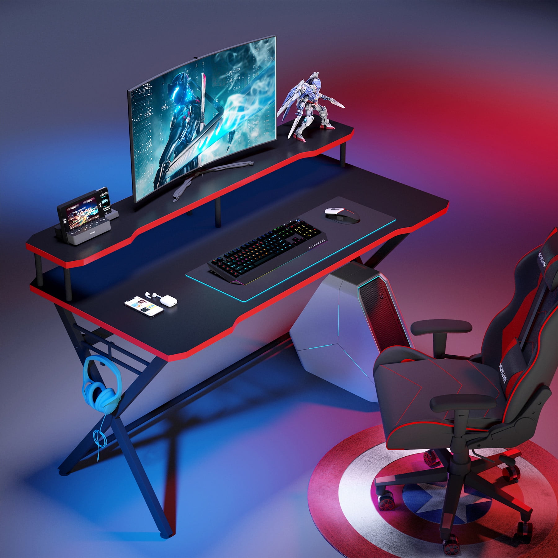 Tribesigns 55 inch Large Gaming Desk with Monitor Stand and Headphone