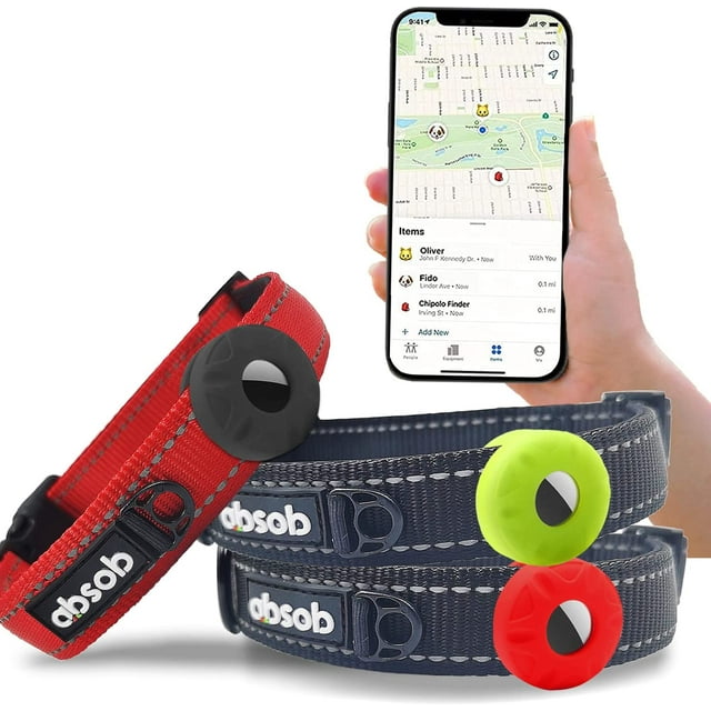 Absob Adjustable Dog Collar with Airtag Case Holder Double-Layer Webbing Nylon Reflective Lost Positioning Tracker Anti-Lost Locator for Dogs Puppy Cat Pet