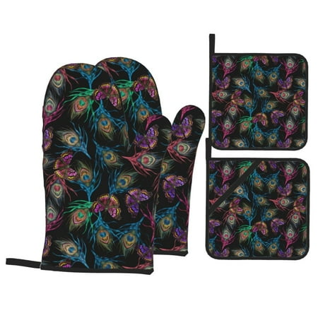 

Oven Mitts and Pot Holders 4 pcs Set Feathers And Butterflies Heat Resistant Pot Holders Oven Mitts for kitchen Non-Slip Hanging Loop Oven Glove Potholders for Baking Cooking