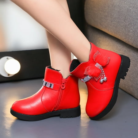 

LYCAQL Toddler Shoes Children Shoes Thick Heel Short Boots Warm Leather Boots Baby Bow Cute Cotton Shoes Warm Boots Girls Short Boots (Red 2.5 Big Kids)