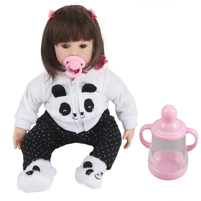 Muñeca realista de silicona suave de 48 cm/19 pulgadas para niñas, juguete para jugar a las casitas, ropa de panda de 48 cm