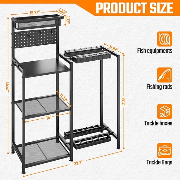 Heavy Duty Fishing Rod Holders for Garage with 3 Tier Shelf and Pegboard, Freestanding Fishing Pole Rack Holds Up to 12 Rods, Black
