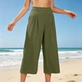 thumbnail image 6 of Womens Cropped Pants High Waisted Wide Leg Pleated Culottes Lightweight Casual Summer Trousers with Pockets for Travel Vacation,Olive Green,L, 6 of 7