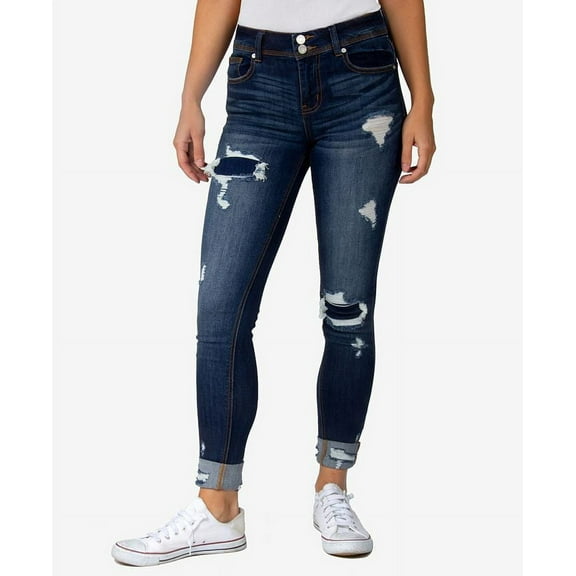 Indigo Rein Juniors' Two-Button Cuffed Destructed Skinny Jeans - Size 1 (W25)
