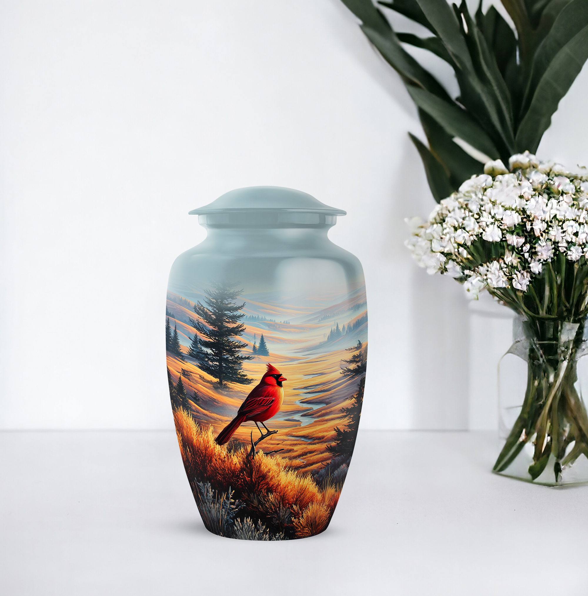 Cardinal Bird Funeral Urn For Ashes For Women - Large Mountain Urns For Human Ashes Adult Male - Blue Cremation Urns For Mom - Funeral Urn For Male, 10 Inch