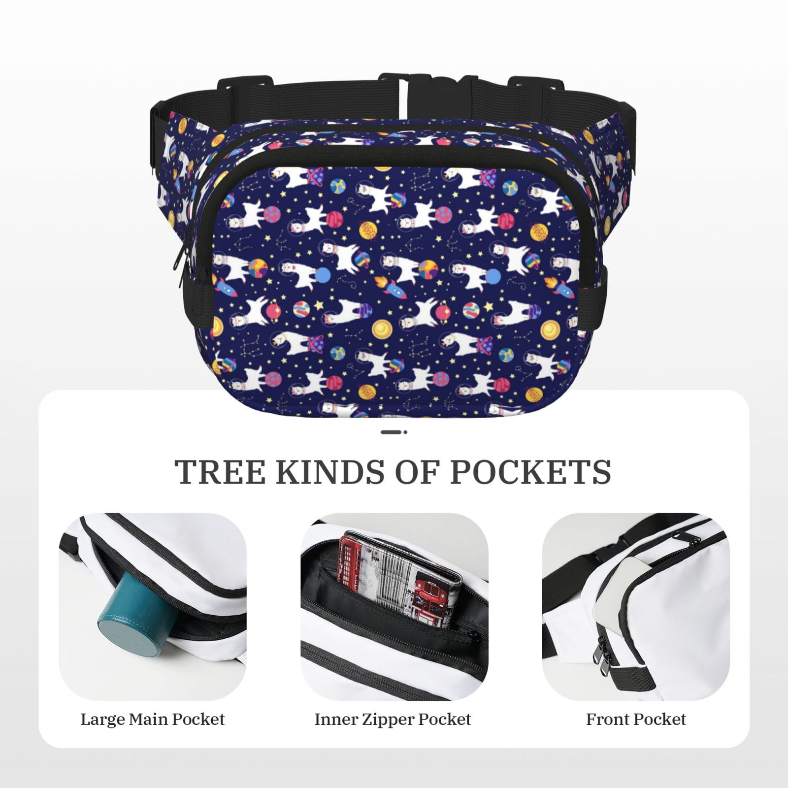 Picia Lama in Space Print Square Double-Layer Waist Bag Mini Adjustable Waist Belt Bag Exercise Running Travel Hiking