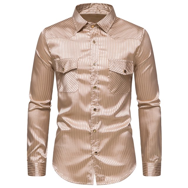 Camisa a presión de manga larga con bolsillo doble a rayas deportivas de moda sólida informal para hombre Pompotops oipoqjl50478