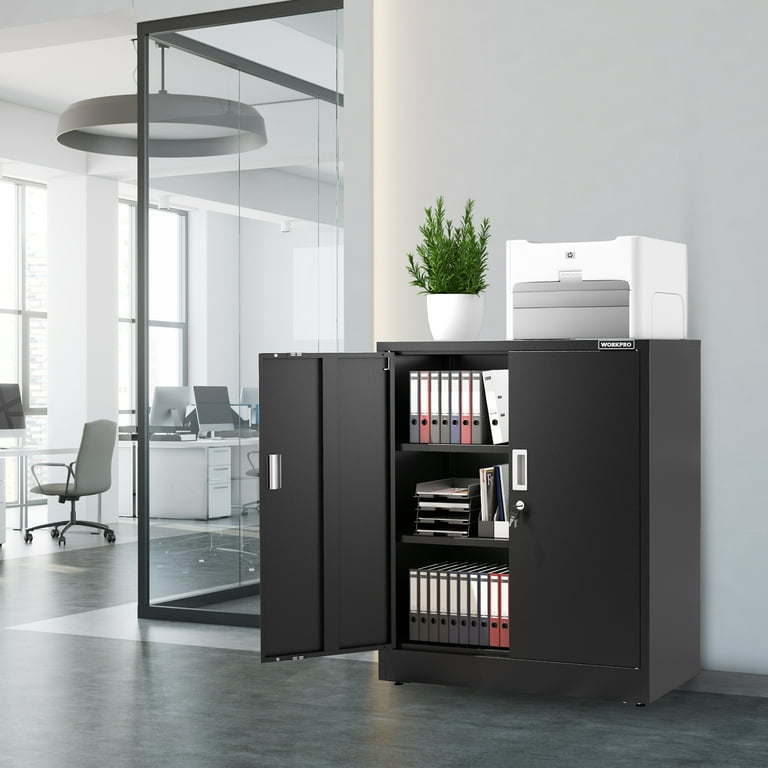 WORKPRO Black Small Industrial Metal Storage Cabinet with Doors and Shelves Garage Cabinet with Lock for Home Warehouse Office Shop Solid Packed