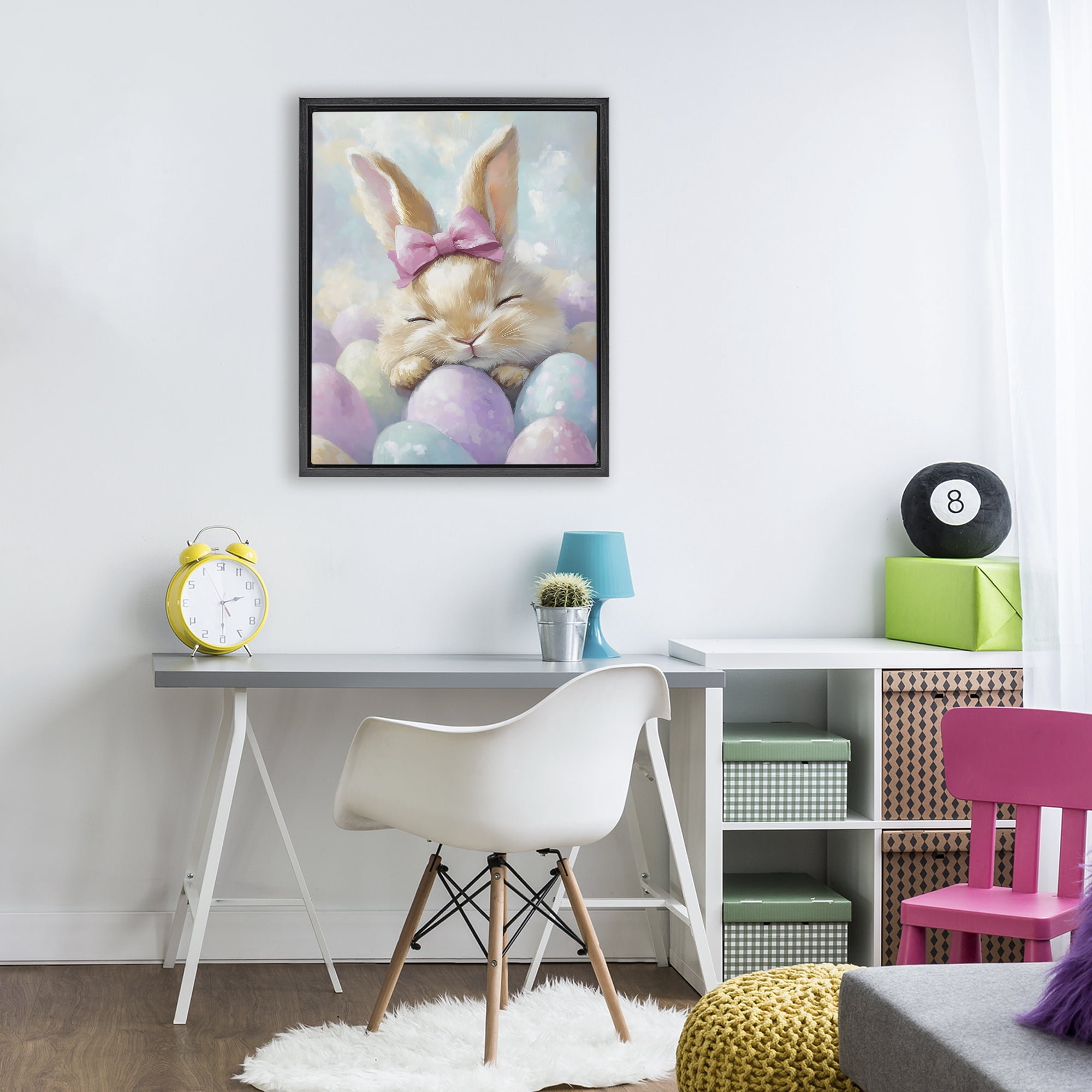 Stupell Industries Sleeping Easter Bunny with Eggs Black Framed Floater Canvas Wall Art, design by The Prints Vibe