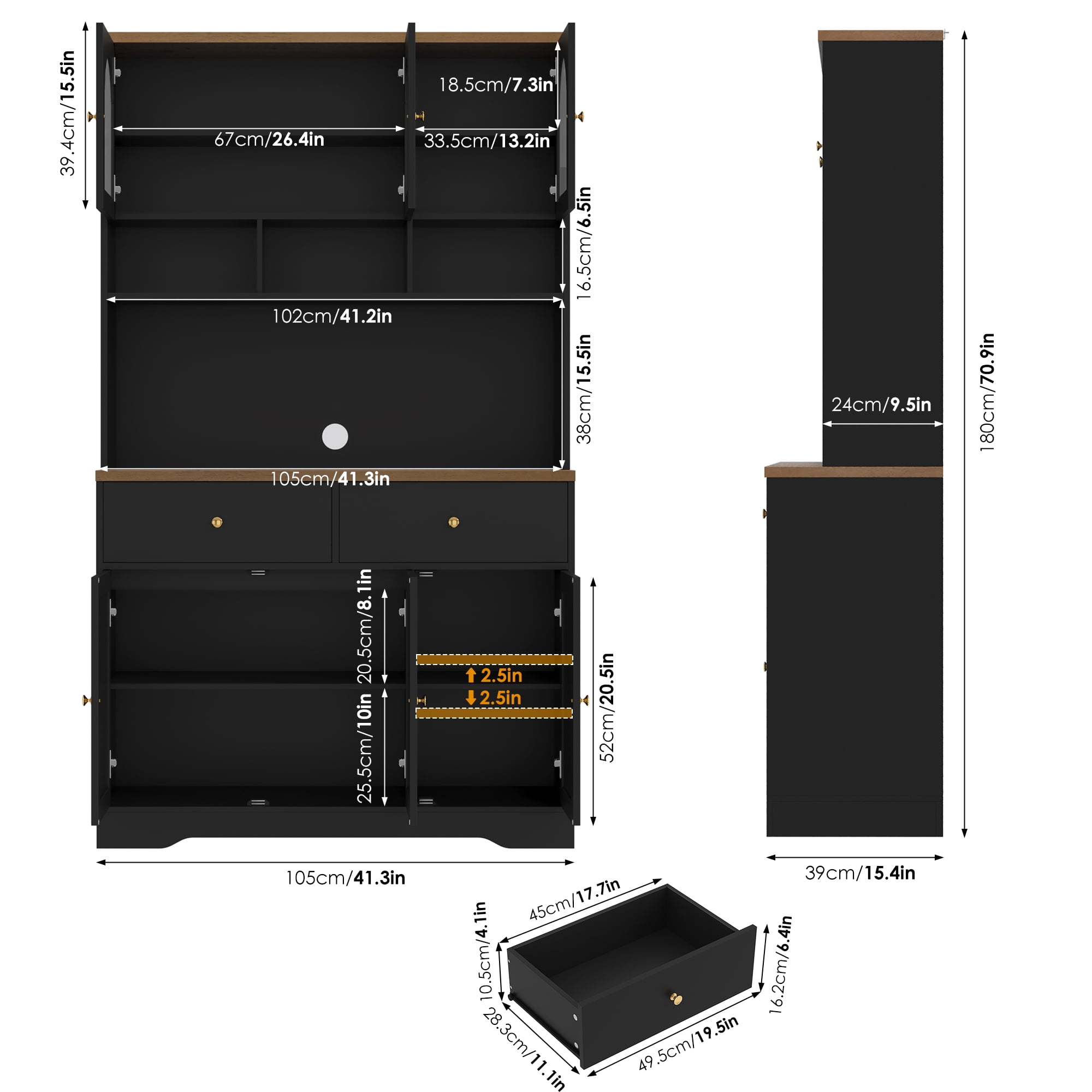 Hiphuta 71"in Modern Kitchen Pantry Storage Cabinet, Freestanding Coffee Kitchen Hutch Cabinet with Adjustable Shelves & Microwave Stand, Modern Coffee Hutch for Dining Room, Black