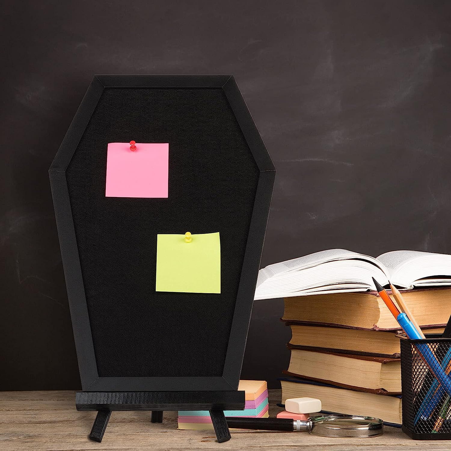 Gothvanity Coffin Pin Display Board - Wooden Felt Bulletin Board for Table Top or Wall - Gothic Decor for Home, Office and School - 17 x 11 Inches - Black