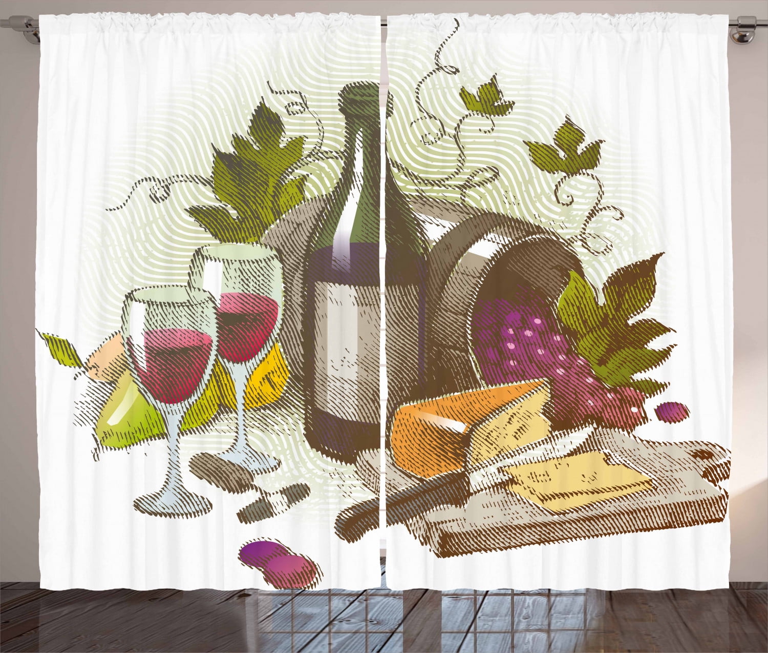 Wine Curtains 2 Panels Set, Vintage Style Composition with Wine and
