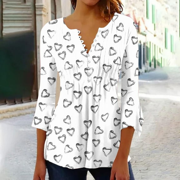 Viluyesy Women's 3/4 Sleeves T-Shirt V-Neck Shirt Tops Fold Button Loose Blouse Multicolor Size L