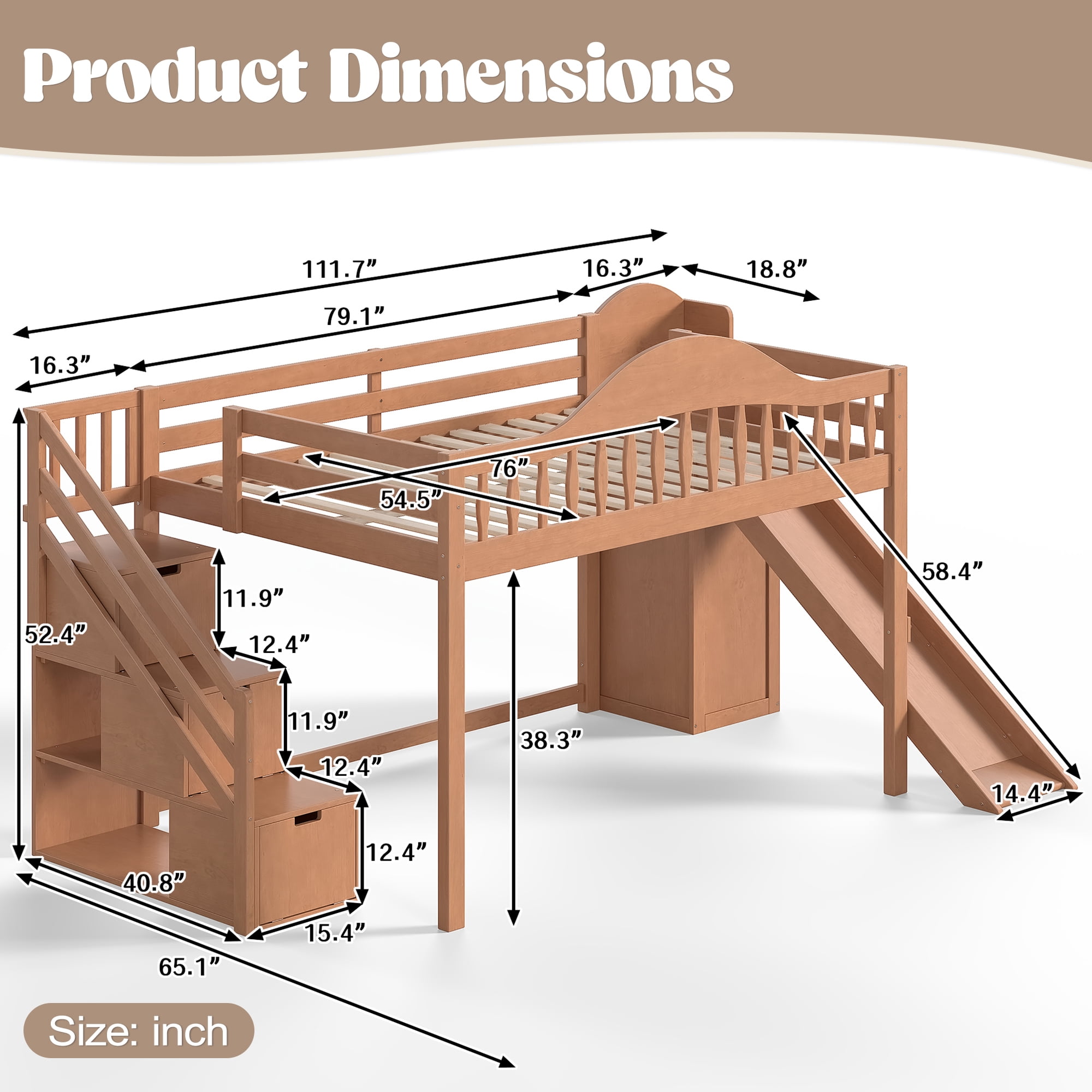 Leumius Full Loft Bed with Storage Stairs, Slide & Built-in Wardrobe, Stylish High Guardrail, Wood Loft Bed Frame for Bedroom,Dorms,Guests Walnut