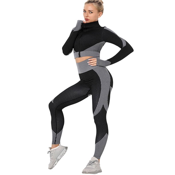 Pantalones de yoga sin costuras europeos y americanos Top con cremallera de manga larga Traje de dos piezas Pantalones deportivos absorbentes del sudor de secado rápido Pantalones deportivos para