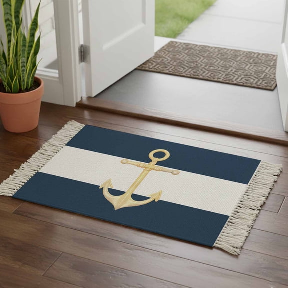 Yellow Anchor Nautical Bathroom Rug 2'x3', Navy Blue White Striped Low Profile Front Entryway Rug with Tassels, Woven Cotton Washable Kitchen Mat Carpet for Foyer Bedroom Back Door Decor