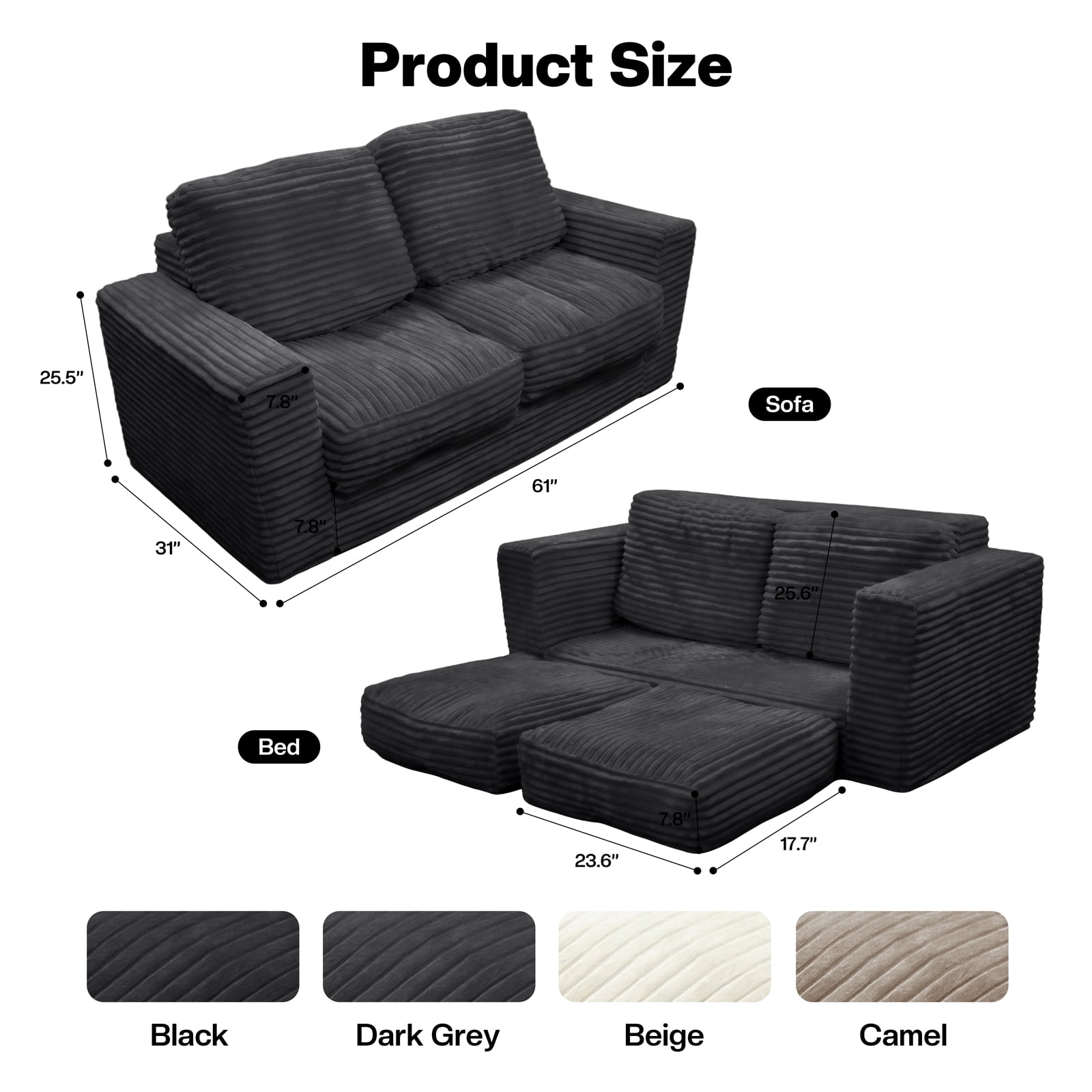 Kelyda 61''Boneless Loveseat Sofa, Modern Cloud Convertible Sofa Bed Couch Sleeper Chairs for Living Room Grey