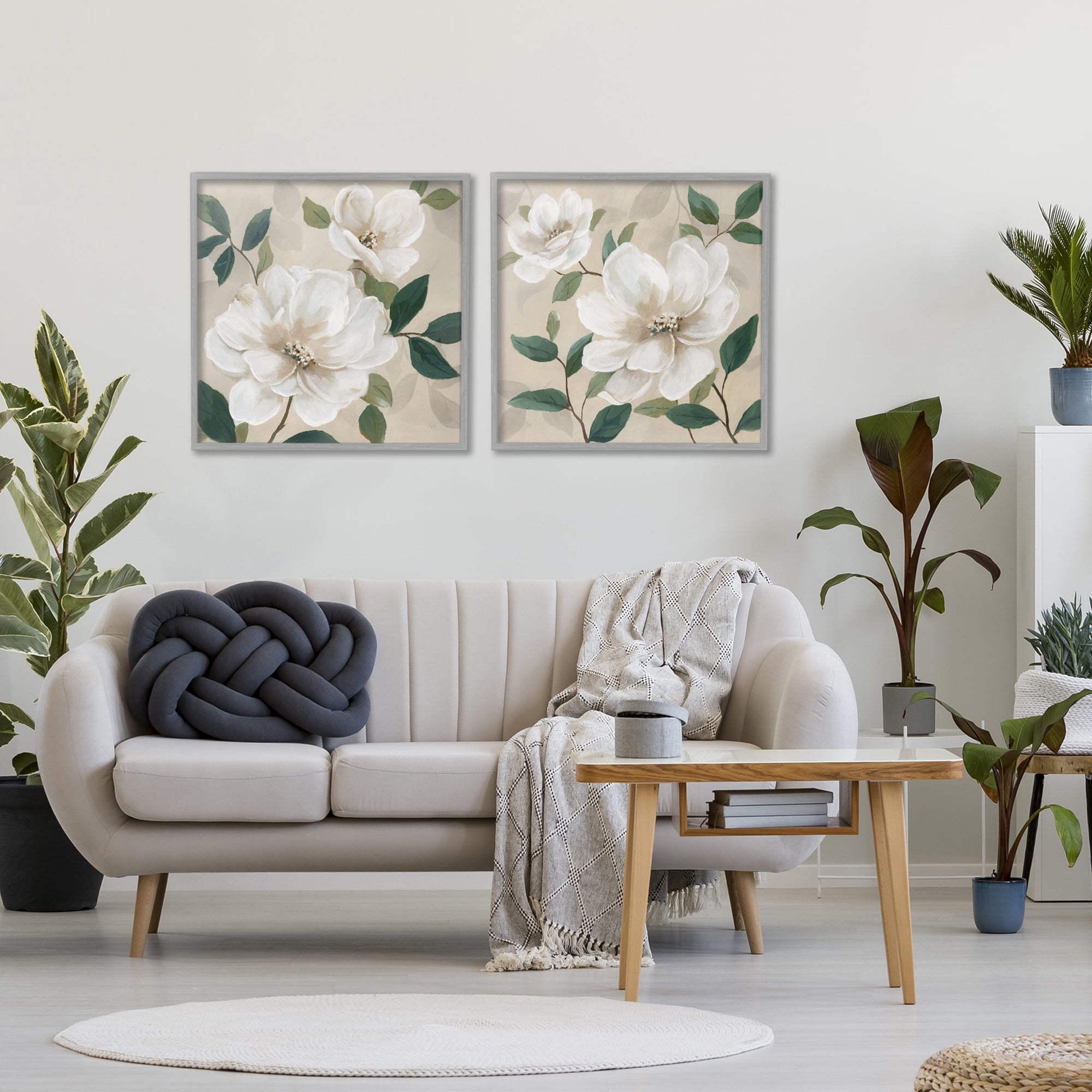 Stupell Industries Serene White Blossoms & Foliage 2 Piece Gray Framed Giclee Art Set, design by Nan
