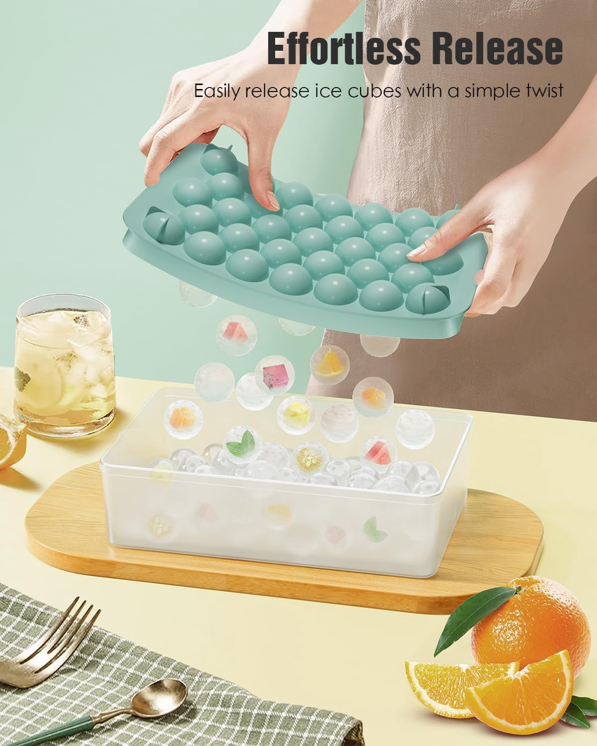 Round Ice Cube Trays for Freezer with Lid and Bin - 3 Stackable Trays Small Circle Ice Maker Molds, 99pcs Round Ice Balls for Chilling Whiskey, Cocktails, Coffee - Easy-Release Sphere Ice Tray