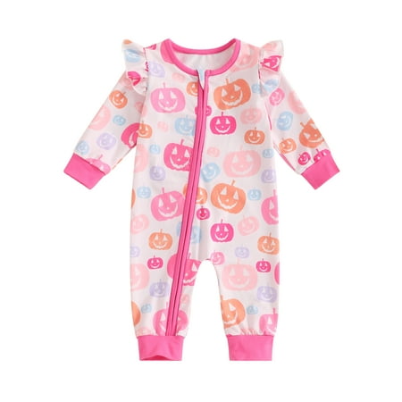 

Jendukie Baby Girl Halloween Romper Pumpkin Print Ruffle Trim Long Sleeve Full Length Zipper Jumpsuit Fall Winter Clothes