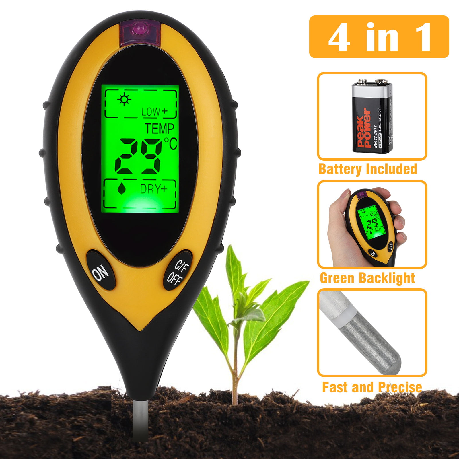 4in1 Plant Earth Soil PH Moisture Light Soil Meter Temperature Thermometer 2020