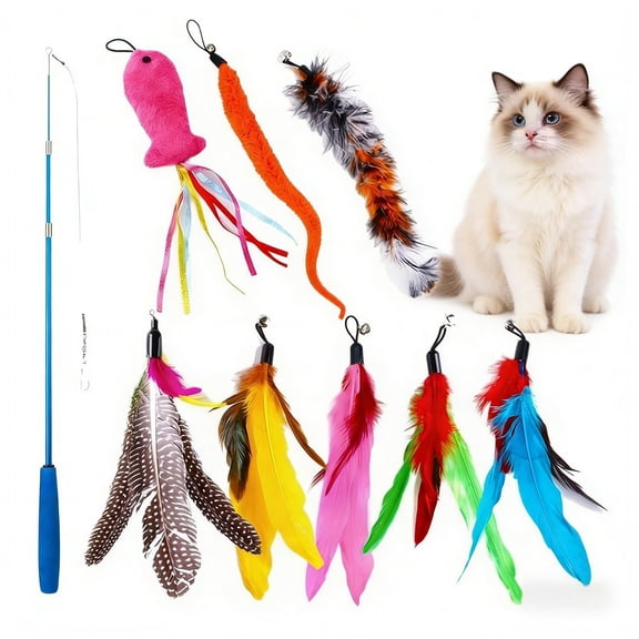 9PCS Cat Wand Toy, Cat Interactive Toys for Indoor Cats, 1 teasing stick cat, 8 replacement plush toys, Play Chase Exercise with Kitten