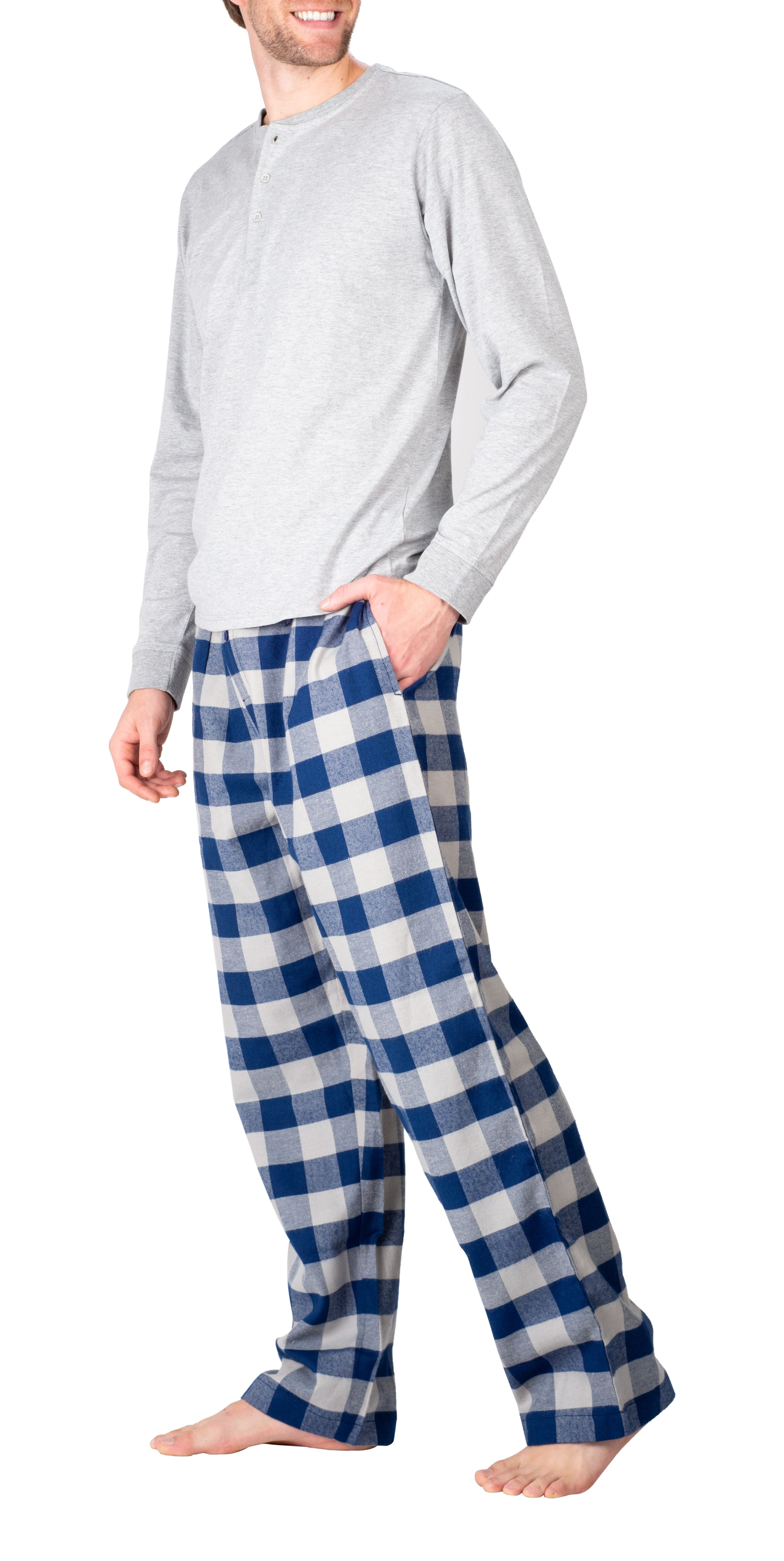 SLEEPHERO Men’s Pajama Set Flannel Pajamas For Men 2 Piece PJ Set with Plaid Pajama Pants and Long Sleeve Henley T-Shirt Grey with Grey and Blue Check Small
