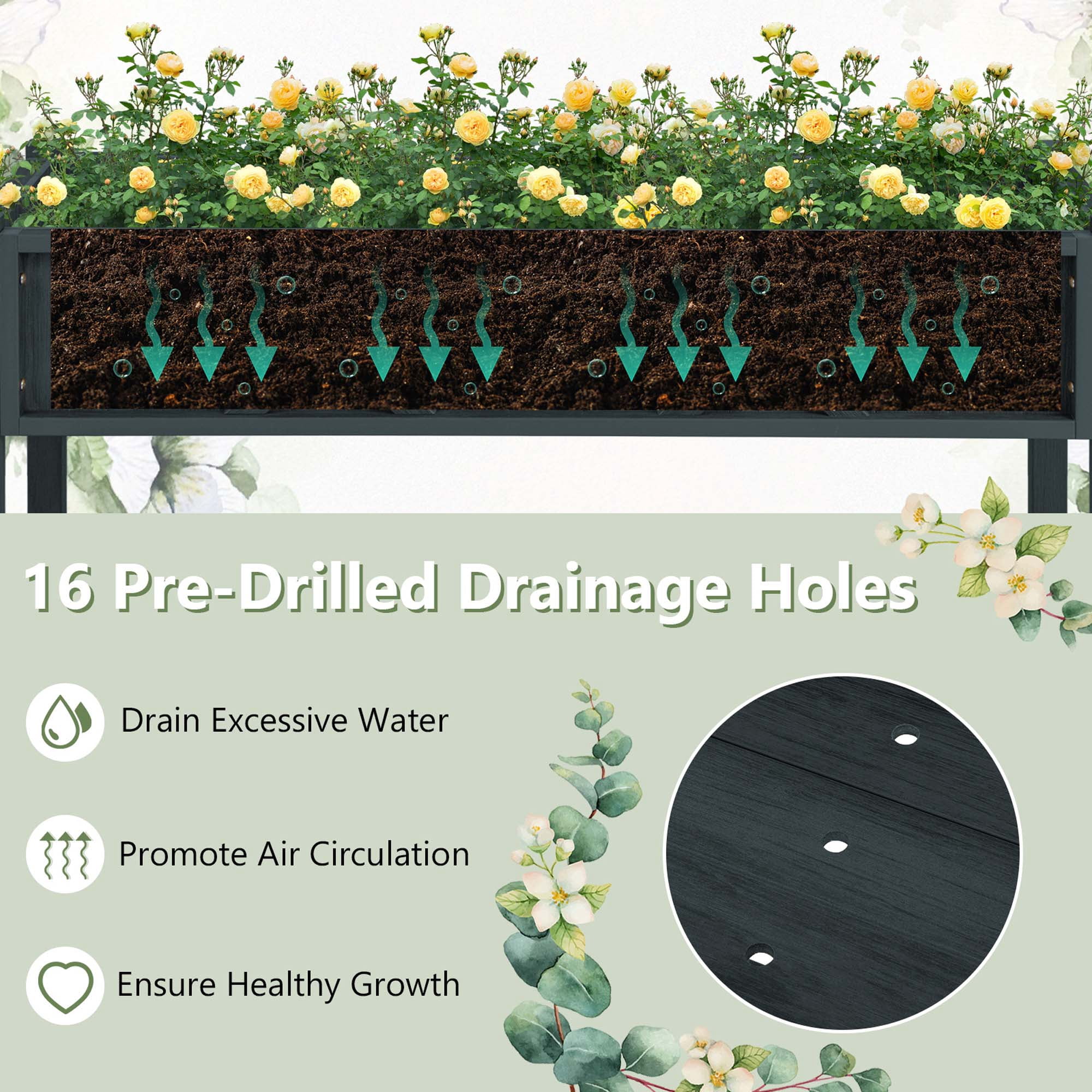 Costway HIPS Raised Garden Bed Poly Wood Elevated Planter Box with Legs, Storage Shelf Black