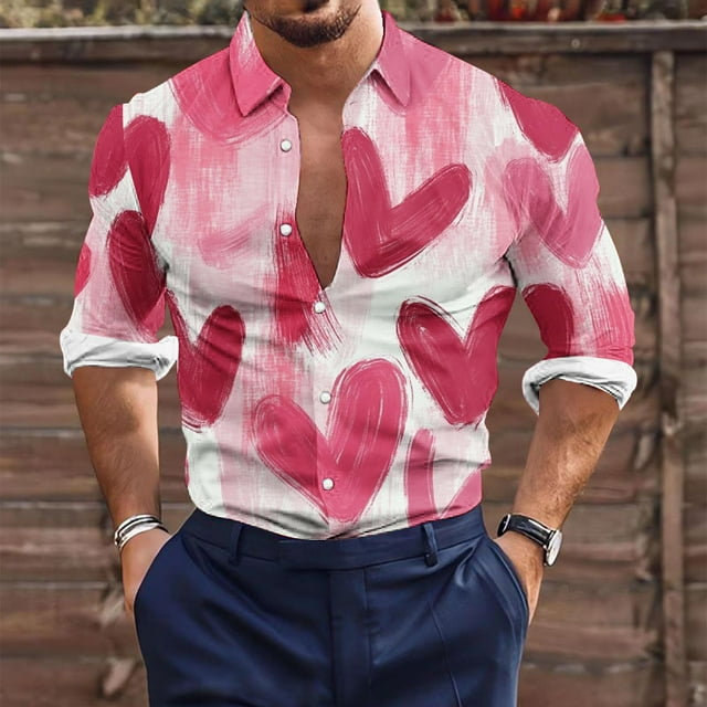 Blusa y camisa de manga larga con cuello vuelto para hombre, estilo casual, con estampado de corazón, botones y solapa, de poliéster, para San Valentín