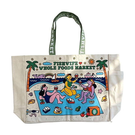 Whole Foods Market Canvas Tote ,Handle bag Beige/Green Handles LARGE