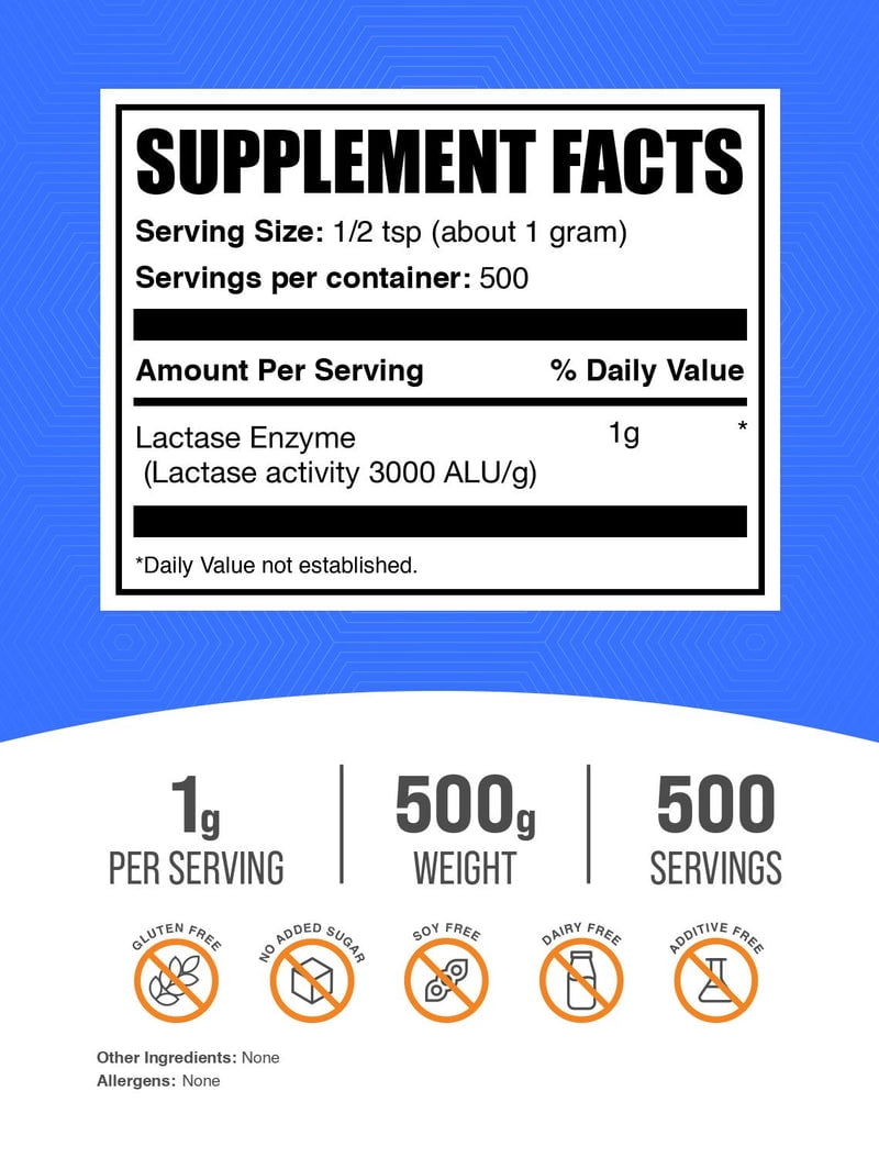 BulkSupplements Lactase Enzyme Powder - 3000 ALU, 1g per Serving - 500 Grams (3.5 oz) - 500 Servings