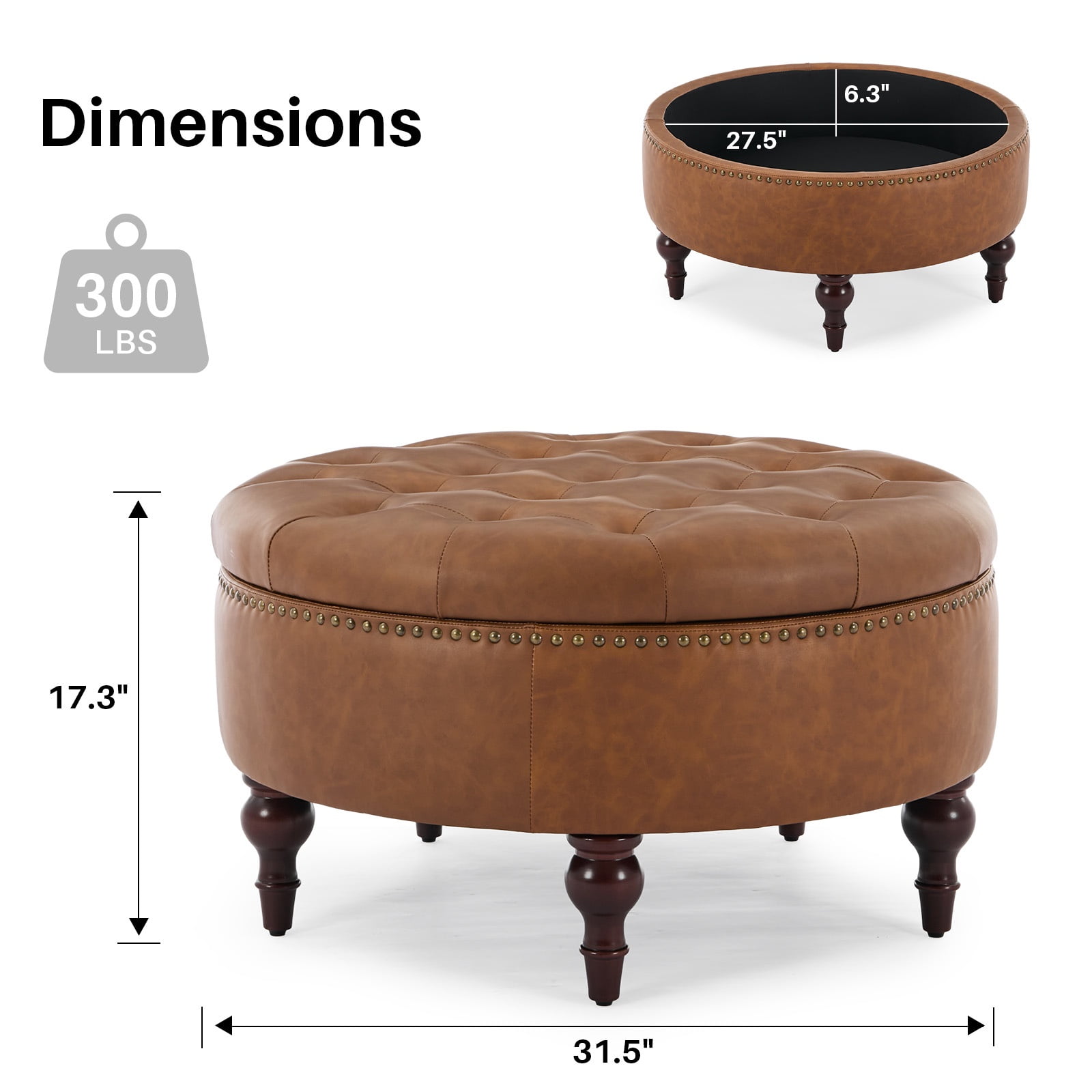 JURANYAZHU 31.5 Inch Oversized Storage Ottoman, Upholstered Storage Seat, with Reversible Lid, Multifunctional As a Coffee Table, PU Fabric, for Living room,Bedroom,Brown