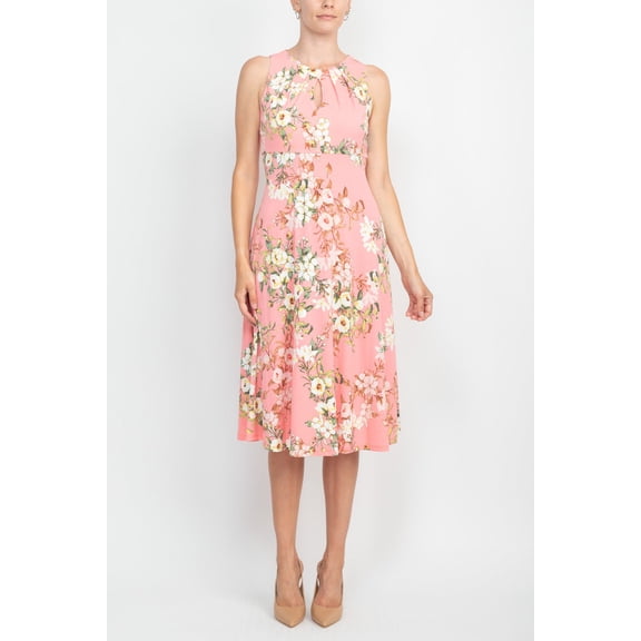 London Times Pleat Keyhole Neck Sleeveless Floral Print Zipper Back Mate Jersey Dress-CORAL / 4