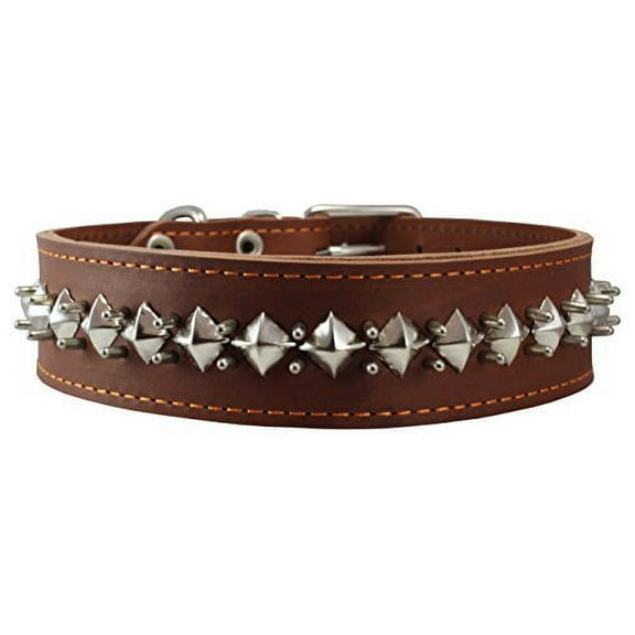Thick Genuine Leather Spiked Studded Dog Collar Brown Sized to Fit 18'-22' Neck. Retriever, Doberman, Rottweiler, Pitbull