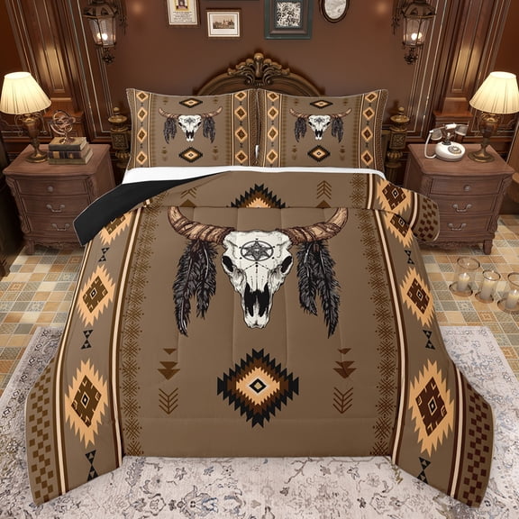 jejeloiu Retro Bull Skull Bedding Comforter Set,Rustic Western Aztec Twin Comforter Sets,Bohemian Geometric Rhombus Bedding Set For Boys Kids,Microfiber Bedroom Decor Reversible,2-Piece