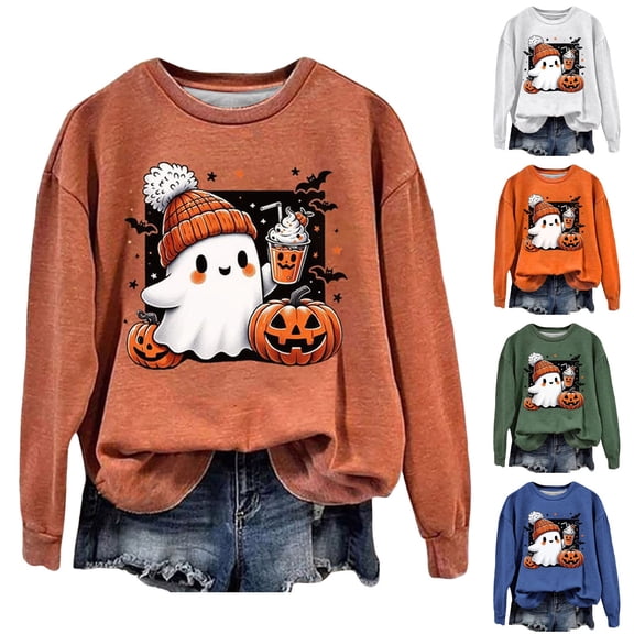 IDOCLOTHES Halloween Sweatshirt Women Cute Pumpkin Ghost Drinking Coffee Printed Fall Outfits for Women Long Sleeve Tops Womens Fall Fashion Clothing Blue, S