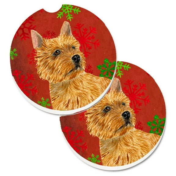 Norwich Terrier Red and Green Snowflakes Holiday Christmas Set of 2 Cup Holder Car Coasters