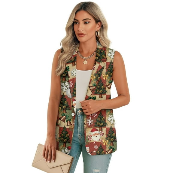 Uorisanigo Christmas Tree Santa Women's Vest Open Front Women’s Sleeveless Vest Tops Button Down Loose Blazers Suit Vests Top Casual Size XL