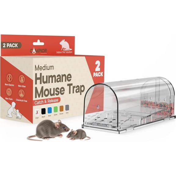 Campior Humane Mouse Trap Pack of 2, Live Catch & Release, Indoor/Outdoor, Pet & Child Safe, Reusable Plastic Cage, Clear